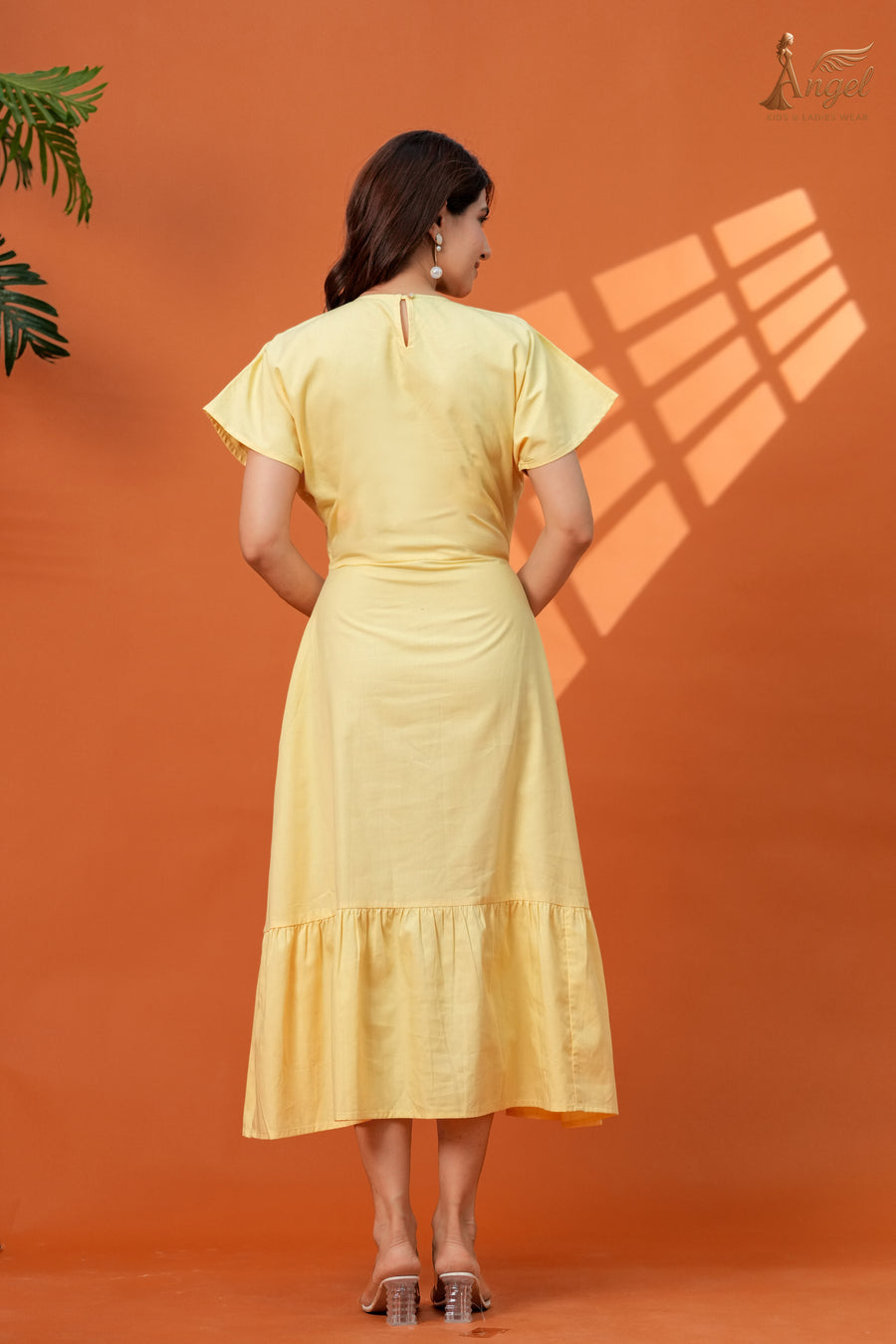 Women’s Puff Sleeve Midi Dress in Yellow