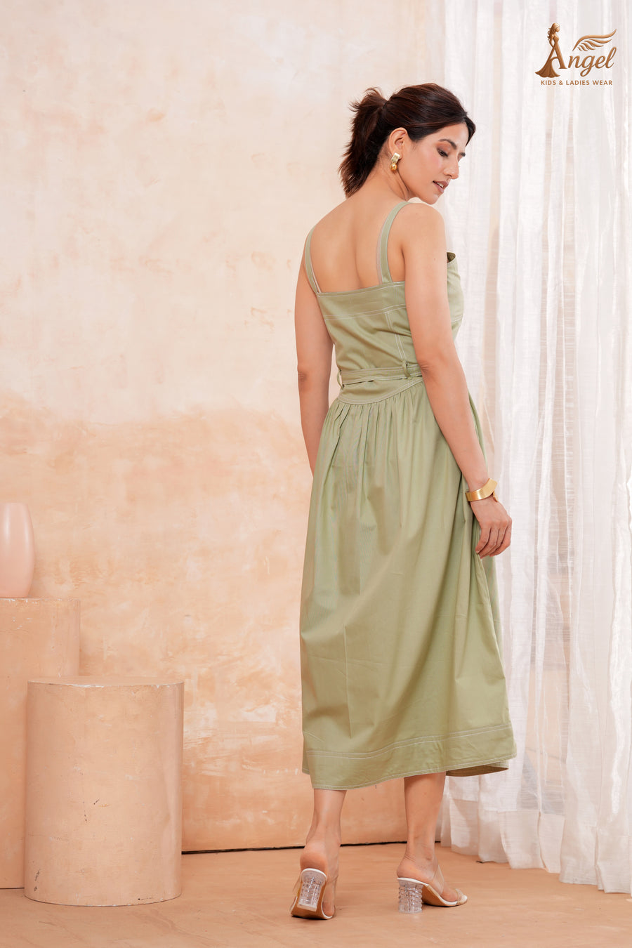 Tie Waist Midi Dress in Pista Green
