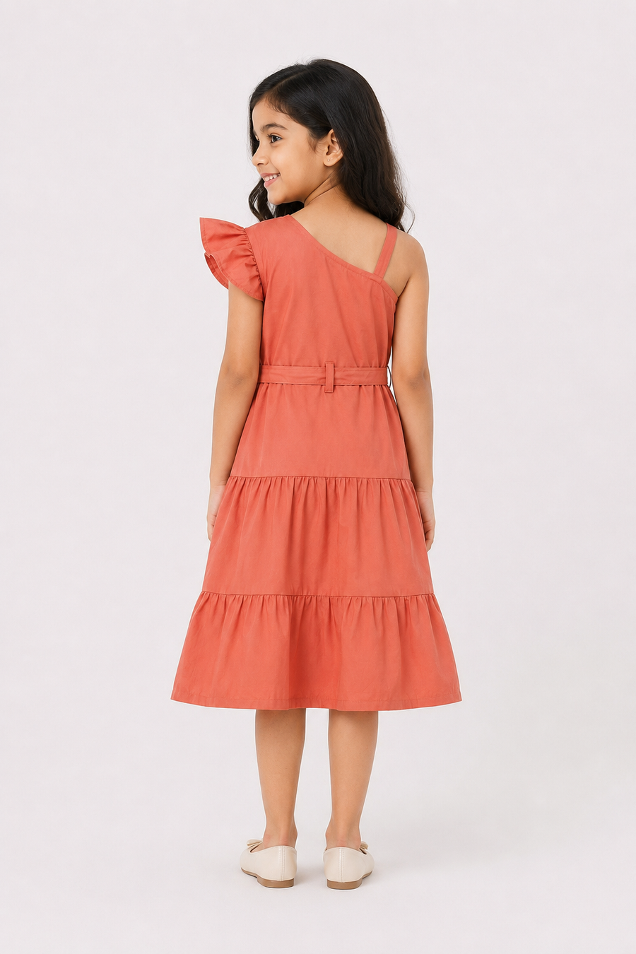 Kids One Shoulder Dress in Orange