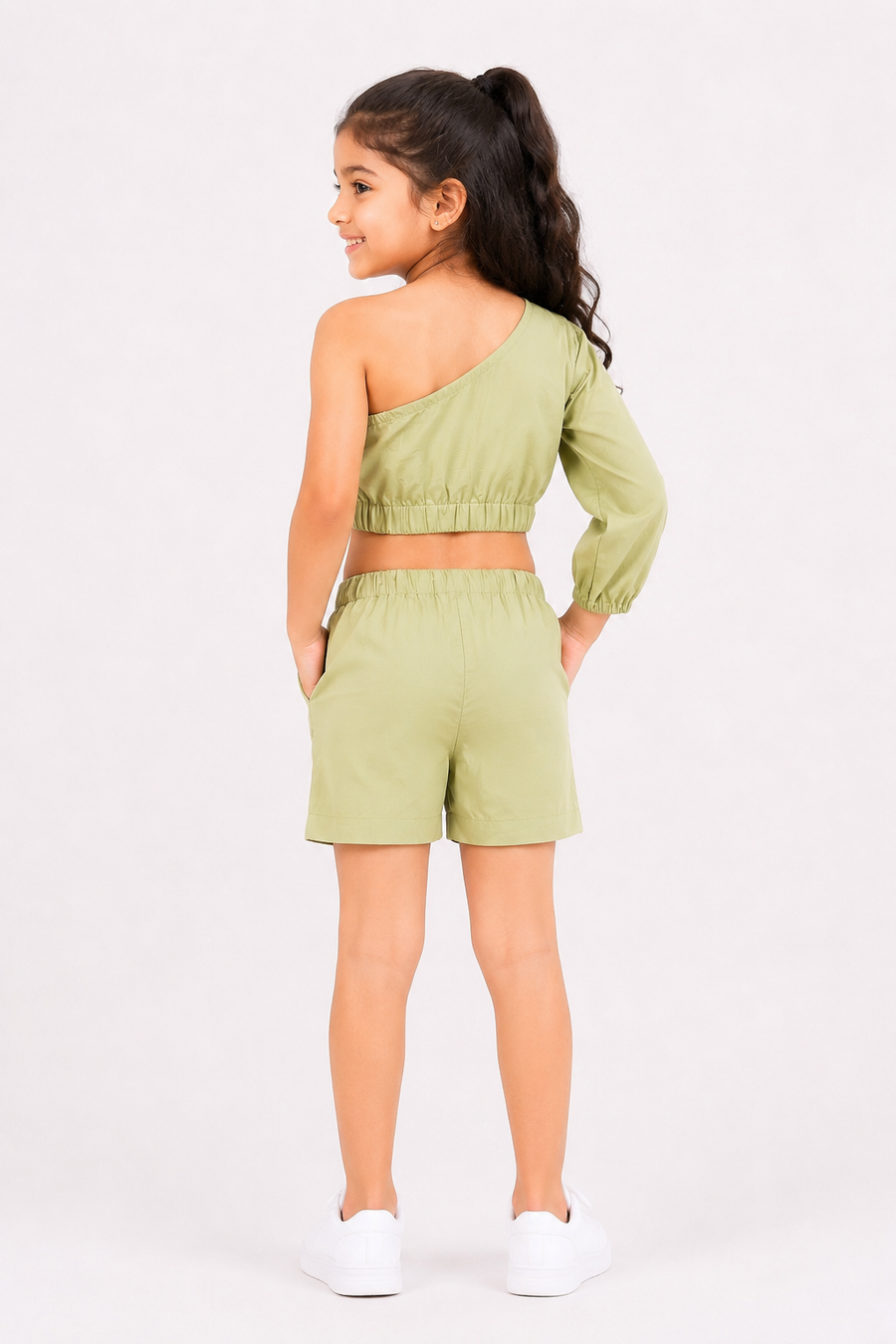 Kids Asymmetric Hem Cotton Dress in Pista Green