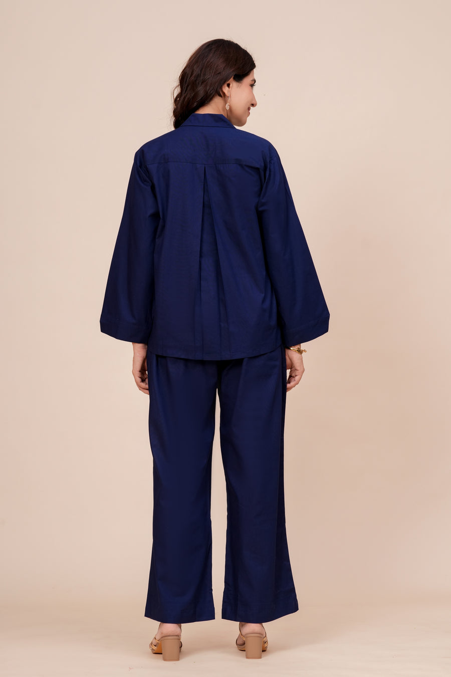 Shawl Collar Shirt & Wide Leg Pant Co-ord Set for Women - Navy Blue