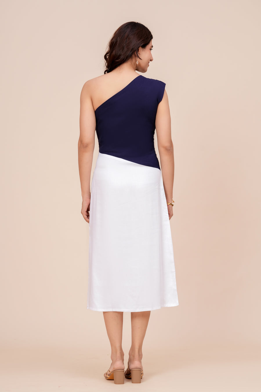One Shoulder Colour Block Midi Dress for Women - Navy & White