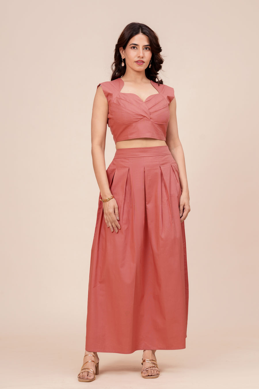 Sweetheart Crop Top & Pleated Skirt Set for Women - Dusty Rose