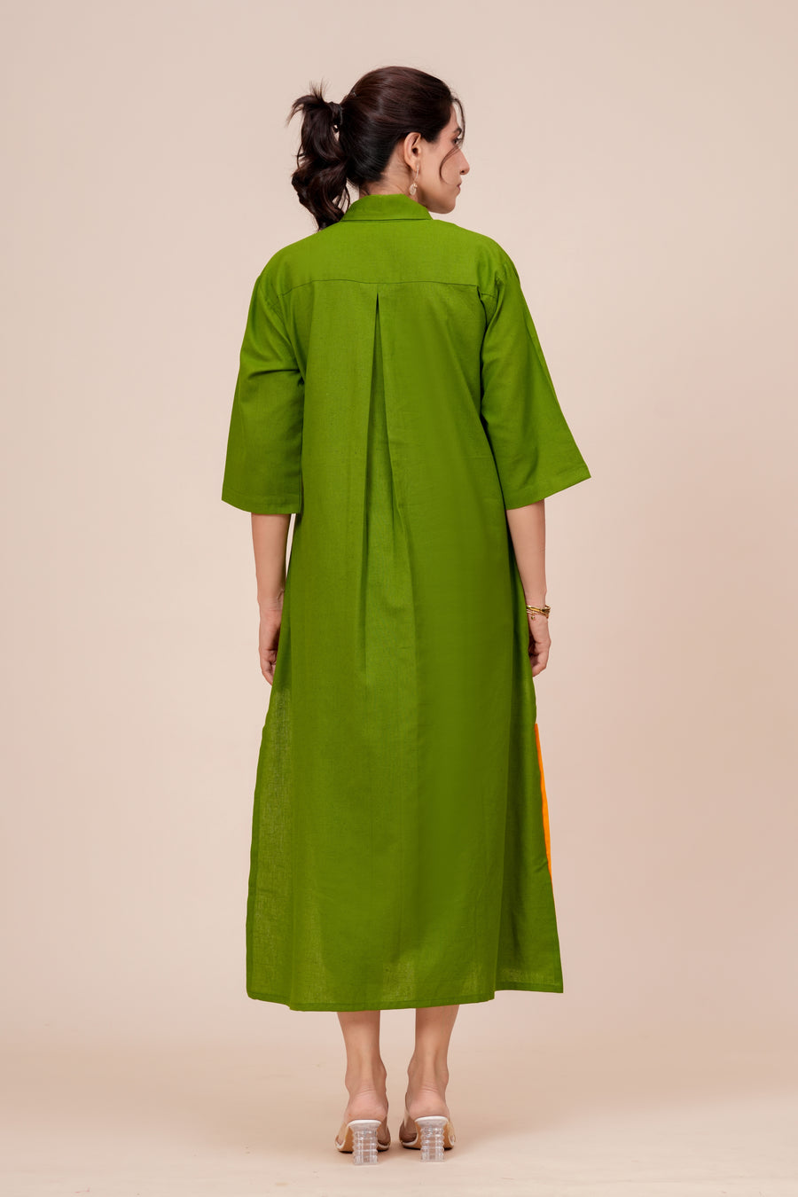 Cotton Colour Block Shirt Dress for Women - Green, Ivory & Marigold