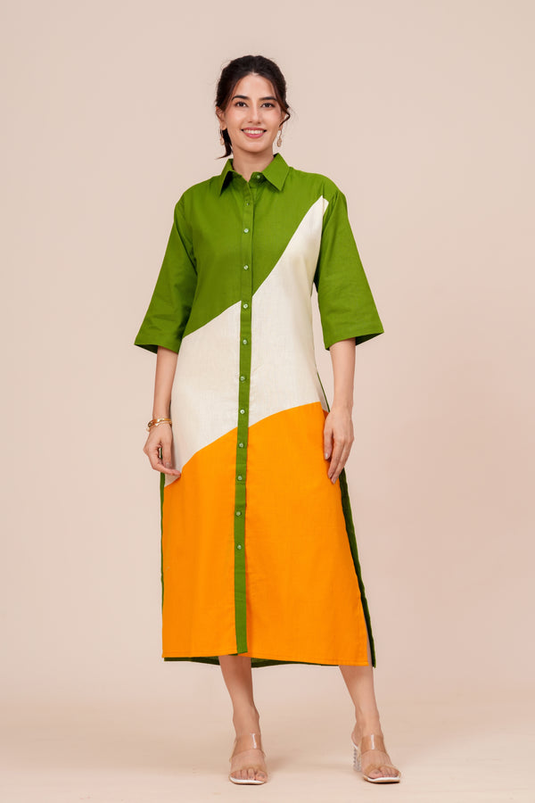 Cotton Colour Block Shirt Dress for Women - Green, Ivory & Marigold