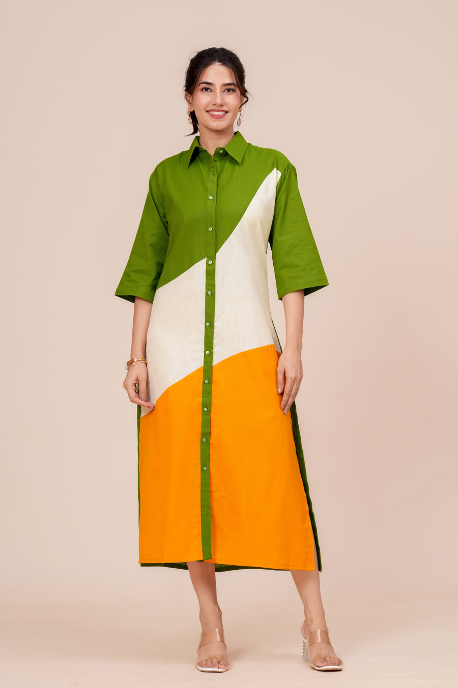 Cotton Colour Block Shirt Dress for Women - Green, Ivory & Marigold