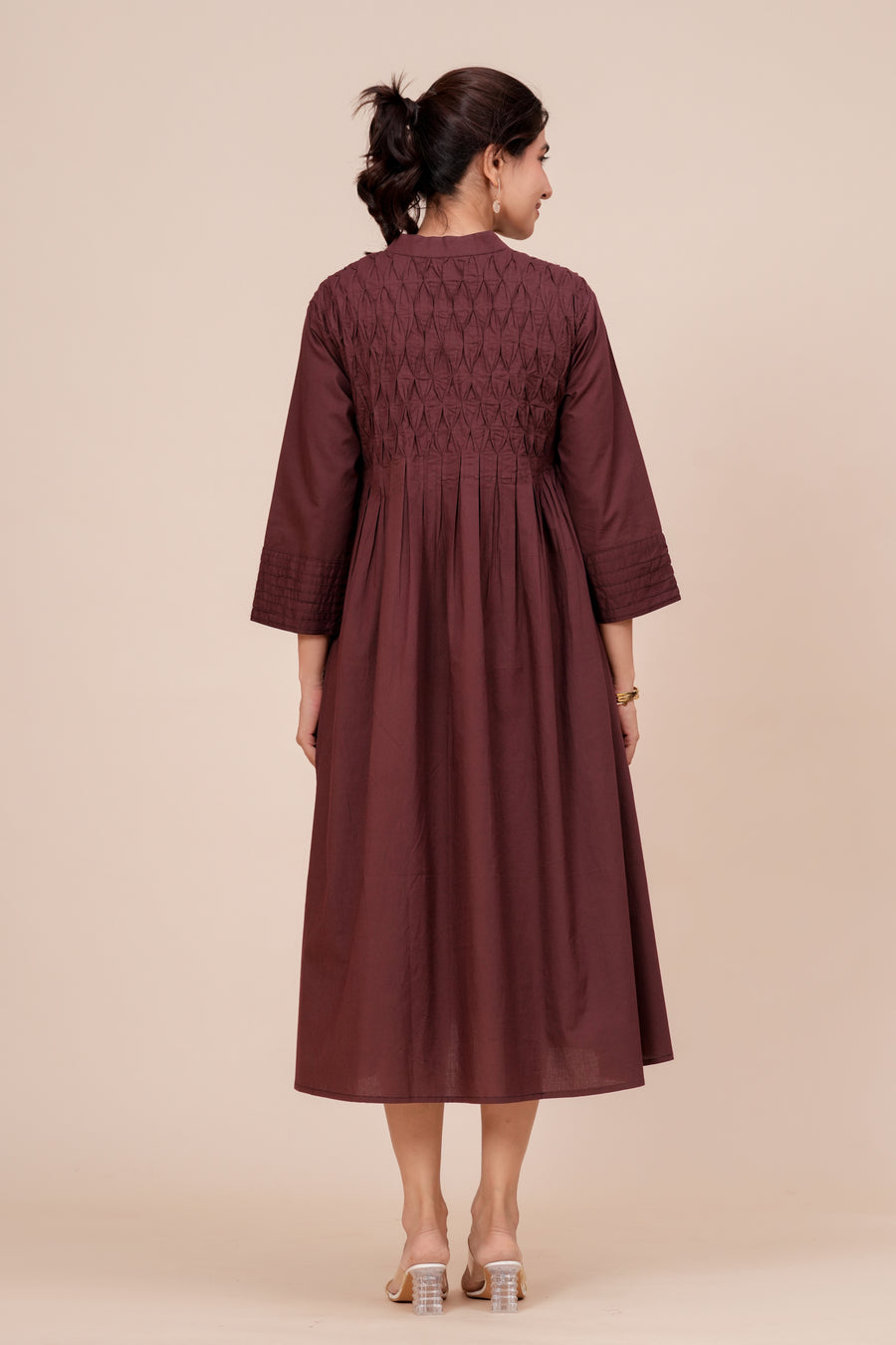 Smocked Yoke Pearl Work Midi Dress for Women - Wine