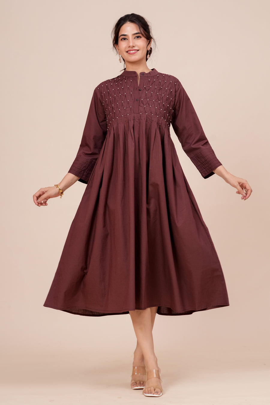 Smocked Yoke Pearl Work Midi Dress for Women - Wine