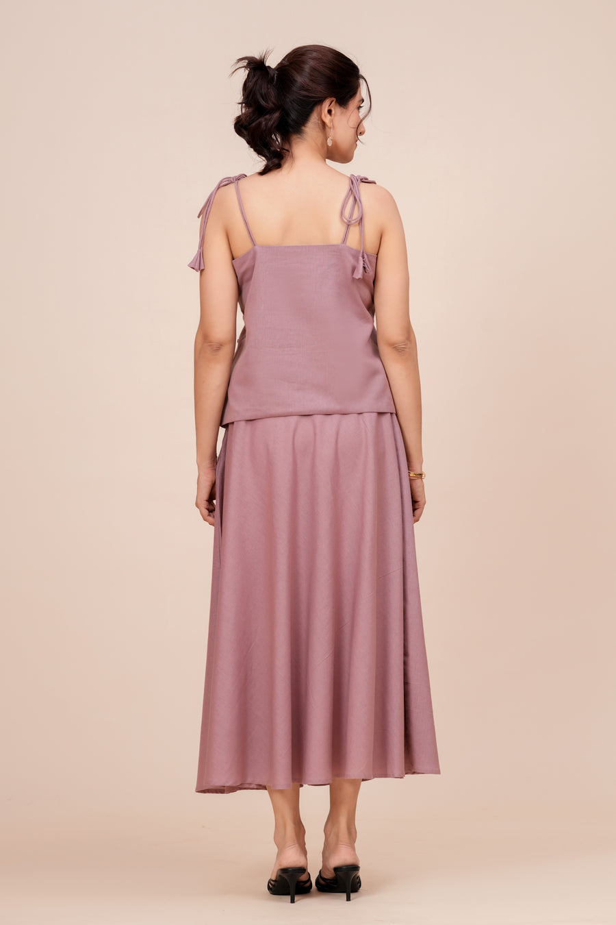 3D Flower Applique Top, Skirt & Shorts Set for Women - Mauve