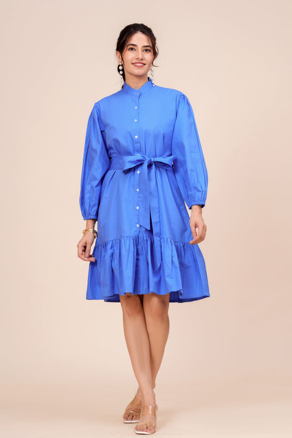 Cotton Belted Tiered Hem Shirt Dress for Women - Cornflower Blue
