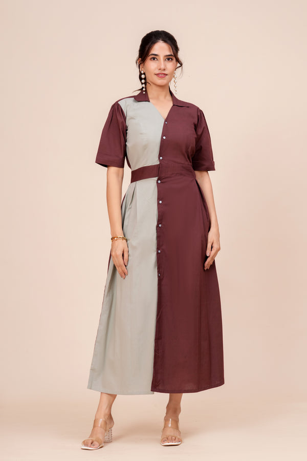 Colour Block Collared Midi Dress for Women - Wine & Grey