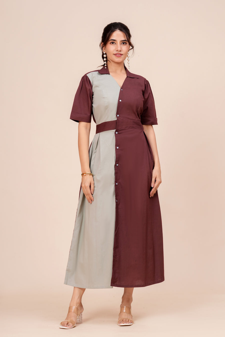 Colour Block Collared Midi Dress for Women - Wine & Grey