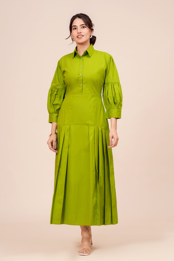 Balloon Sleeve Pleated Shirt Dress for Women - Parrot Green