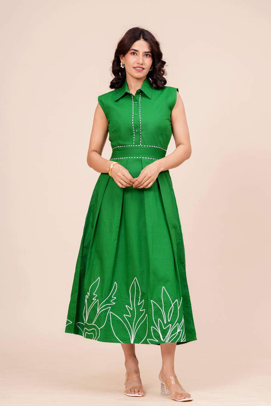 Cotton Leaf Embroidered Sleeveless Midi Dress for Women - Green