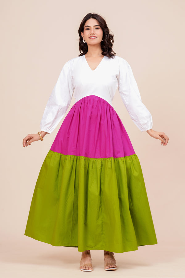 Colour Block Tiered Maxi Dress for Women - White, Magenta & Lime