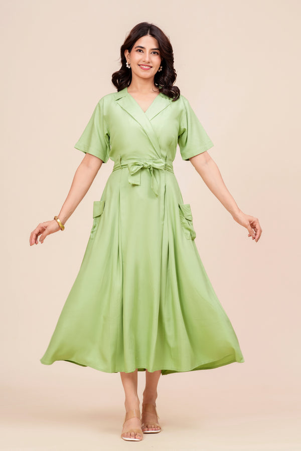 Notch Collar Wrap Midi Dress for Women - Pista Green