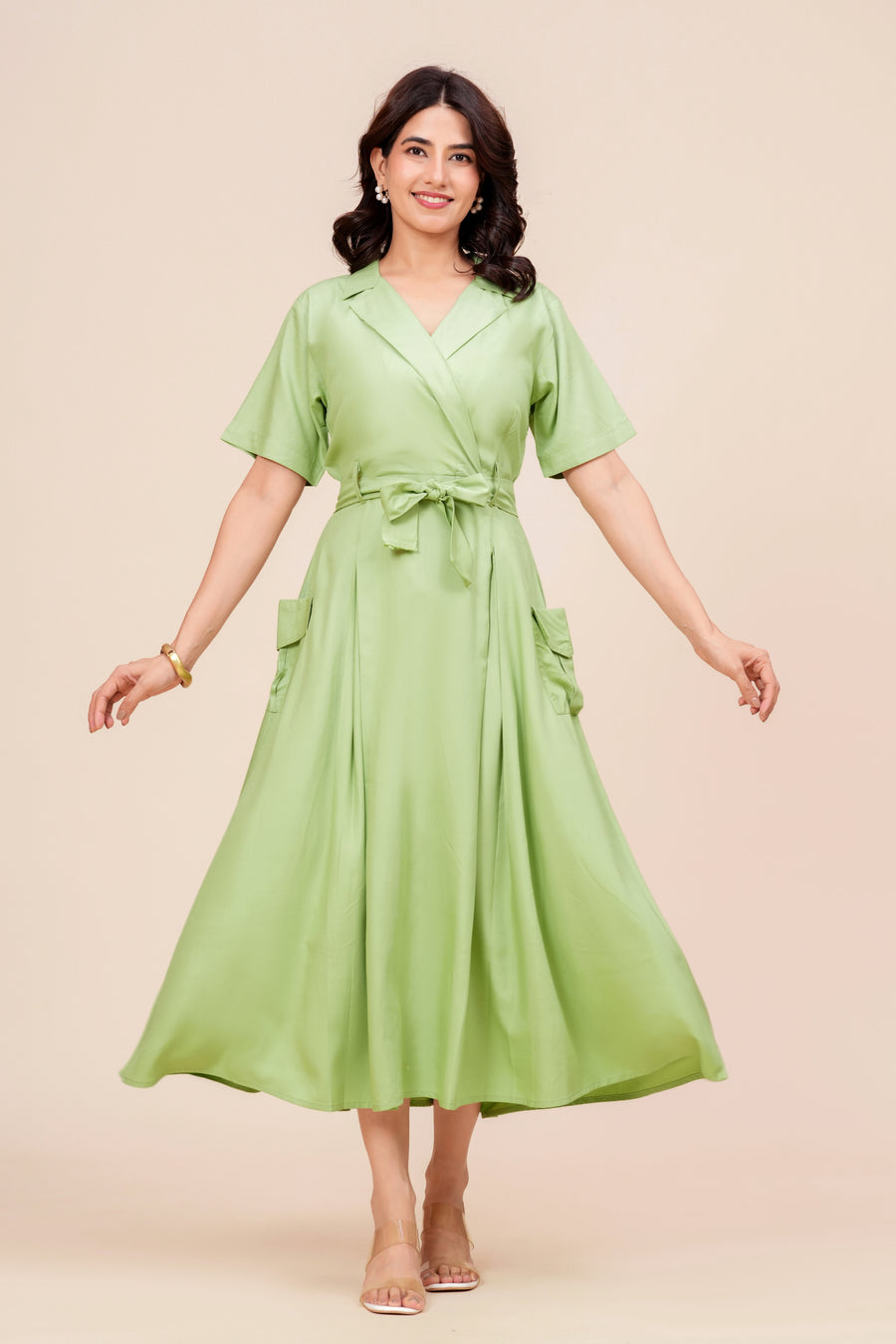 Notch Collar Wrap Midi Dress for Women - Pista Green