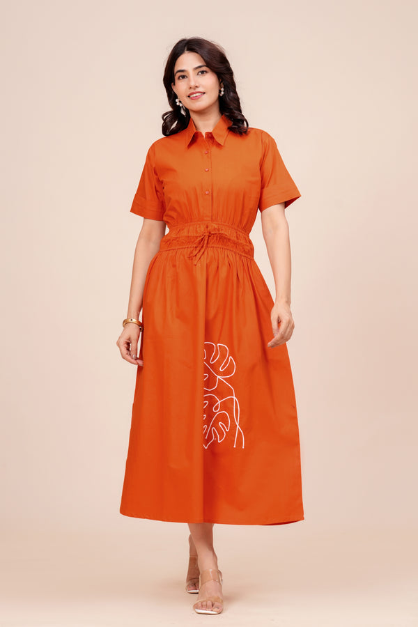 Cotton Monstera Embroidered Shirt Midi Dress for Women - Rust Orange