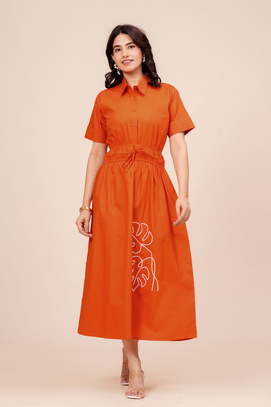 Cotton Monstera Embroidered Shirt Midi Dress for Women - Rust Orange