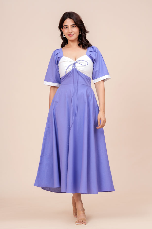 Cotton Sweetheart Tie-Up Flared Midi Dress for Women - Periwinkle Blue