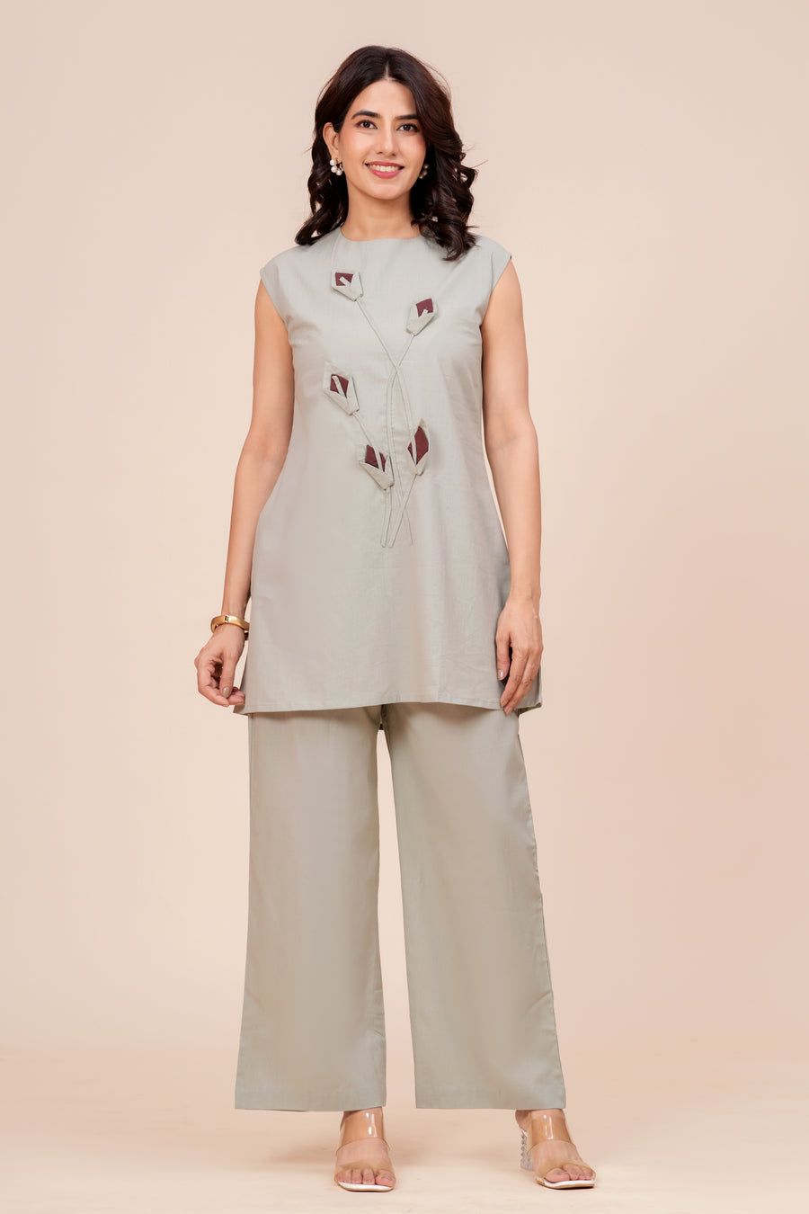 Tulip Applique Top & Pant Co-ord Set for Women - Sage Grey