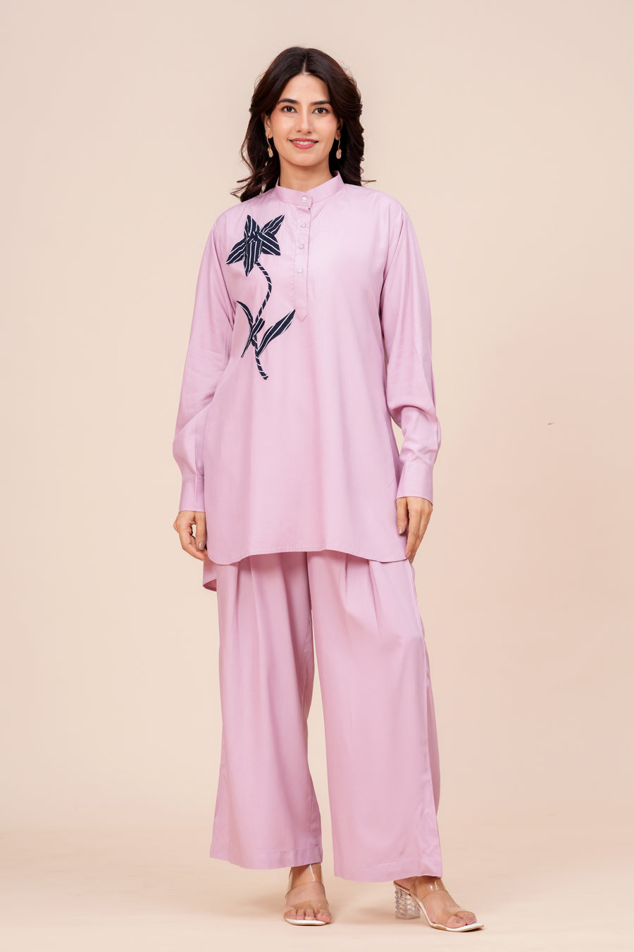 Flower Applique Tunic & Pant Co-ord Set for Women - Lilac Pink