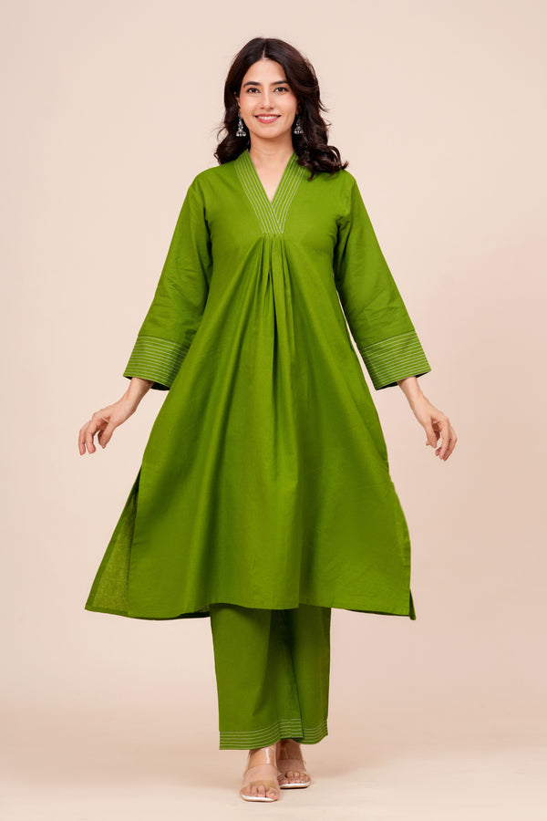 Cotton Pleated A-Line Kurta & Pant Set for Women - Mehndi Green