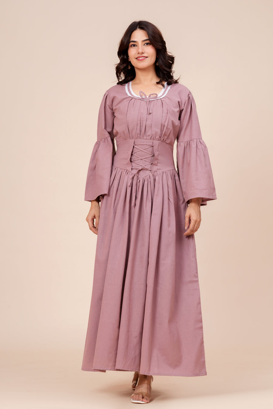 Cotton Corset Lace-Up Bell Sleeve Maxi Dress for Women - Dusty Mauve