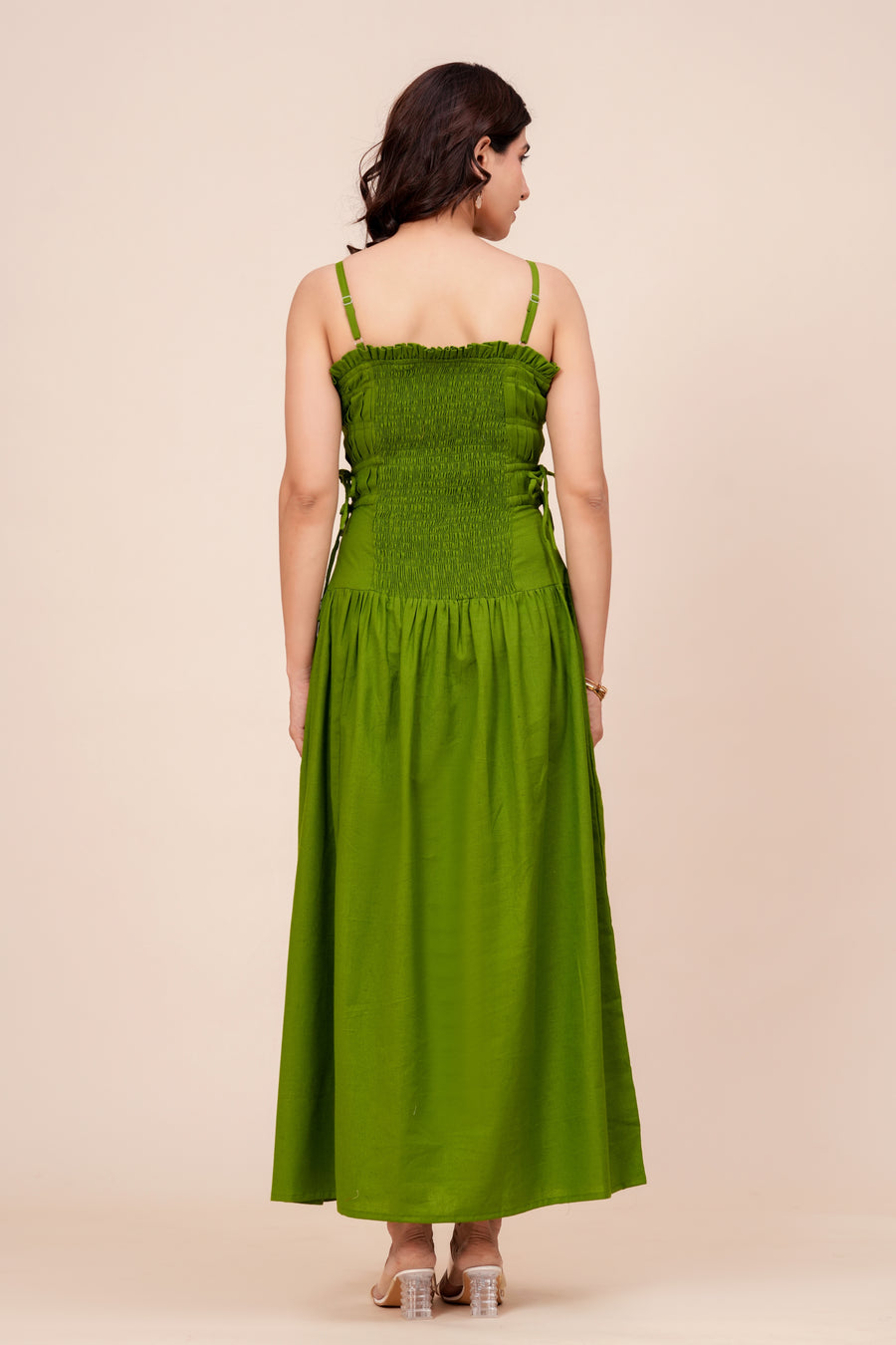 Pintuck Ruffle Maxi Dress for Women - Leaf Green