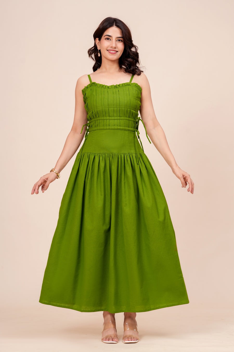 Pintuck Ruffle Maxi Dress for Women - Leaf Green